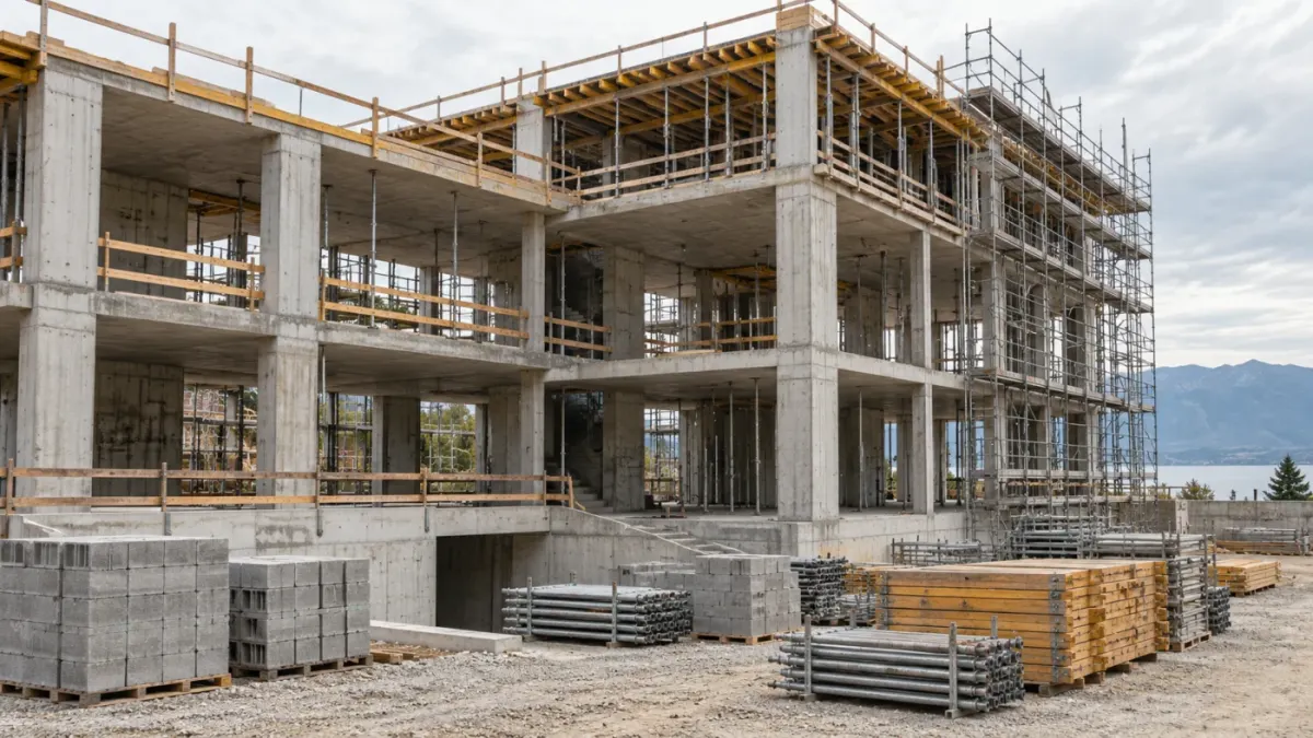 Cantiere generico con struttura in calcestruzzo, ponteggi e materiali edili ordinati