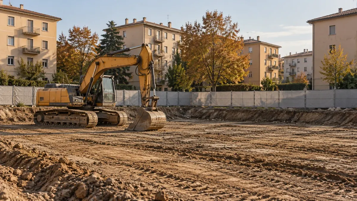 Cantiere immaginario con terreno preparato, escavatore fermo e aree delimitate per uno sviluppo immobiliare
