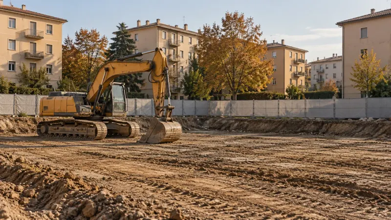 Cantiere immaginario con terreno preparato, escavatore fermo e aree delimitate per uno sviluppo immobiliare