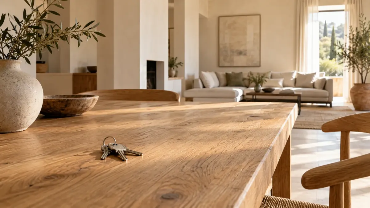Interno domestico luminoso con finiture essenziali e chiavi appoggiate su un tavolo in legno